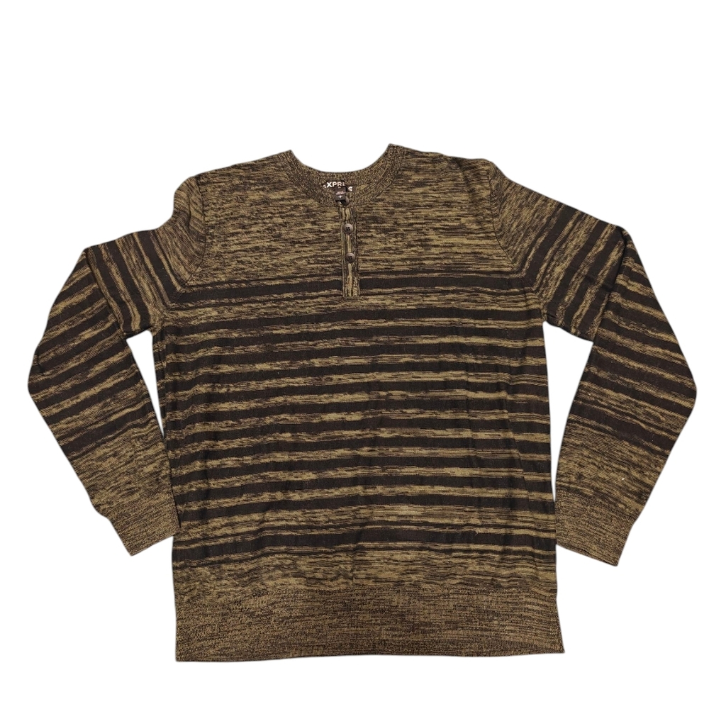 Express Men's Striped Sweater - Green and Black Size L